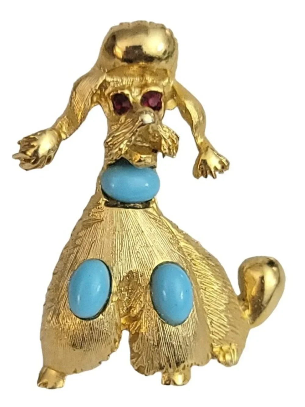 PELL Gold Tone Blue Oval Cabochon Poodle Dog Brooch Pin, Signed M419